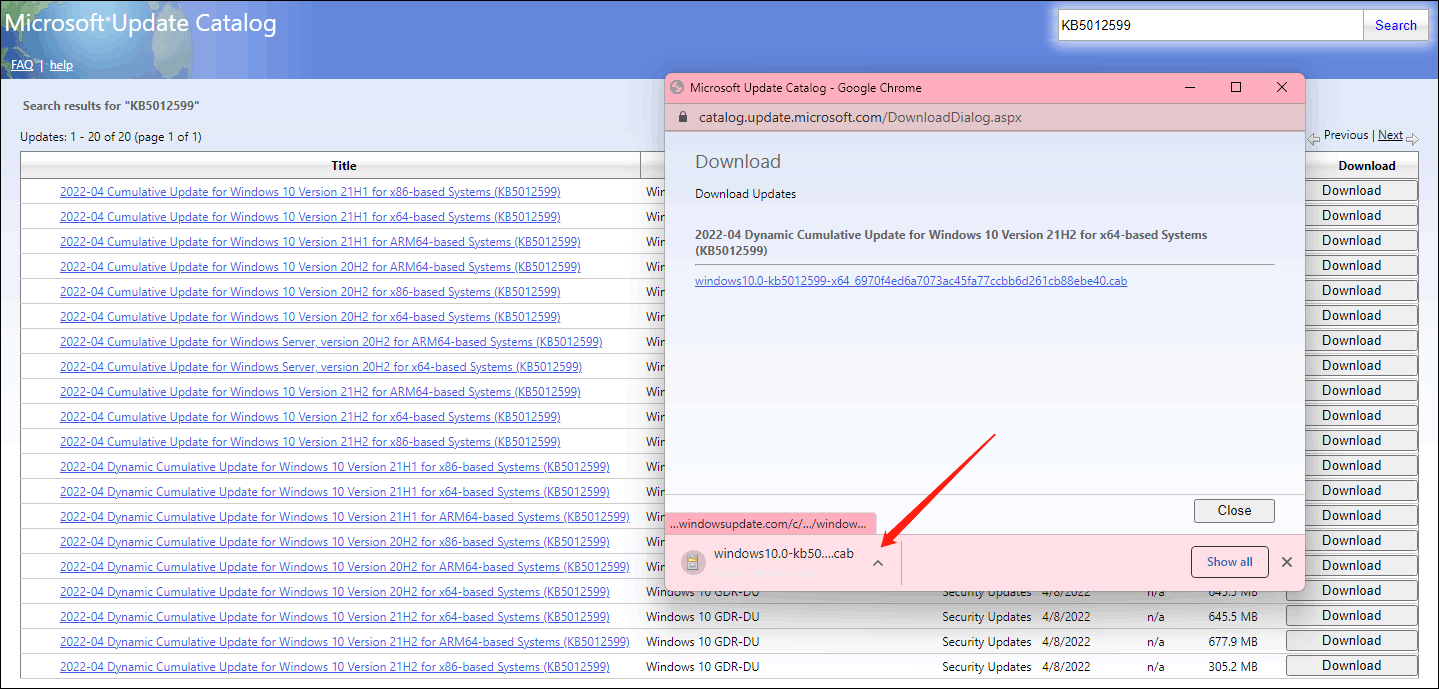 download a Windows 10 KB5012599 offline installer