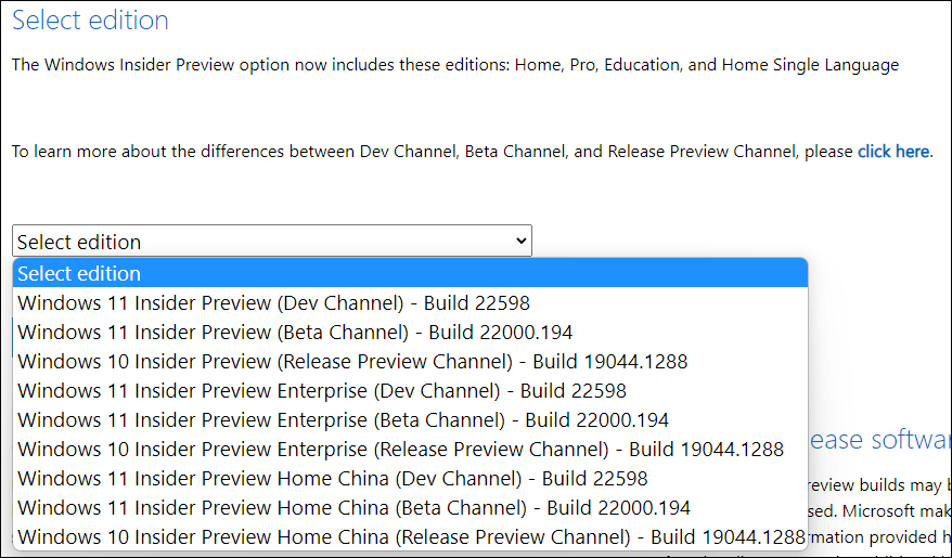 select Windows 11 build 22598 ISO edition