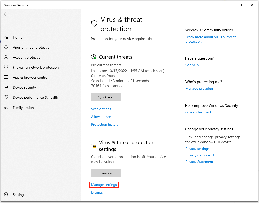 select Manage settings