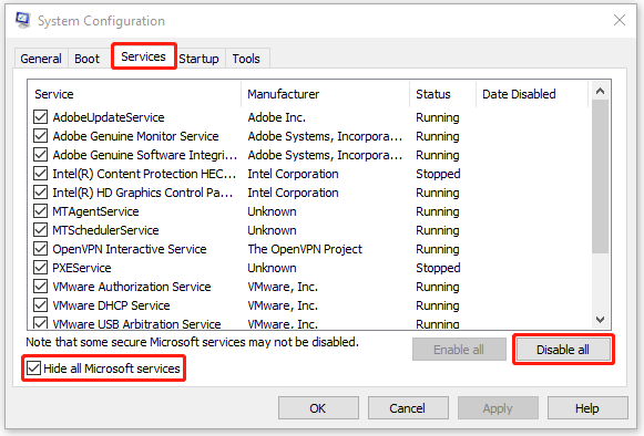 click Disable all