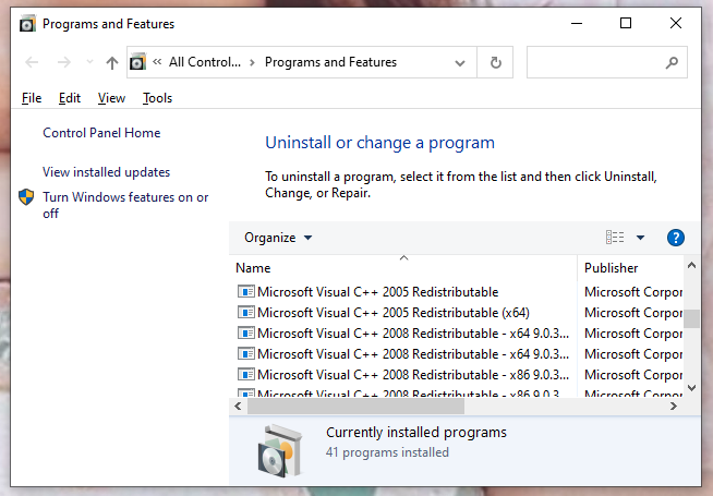 the list of installed Microsoft Visual C++ Redistributable packages