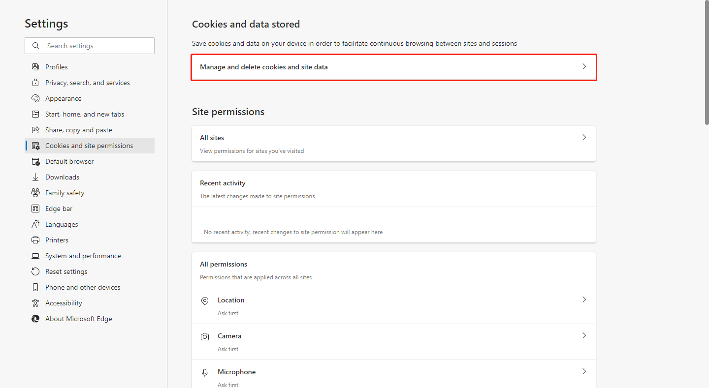 select Manage and delete cookies and site data