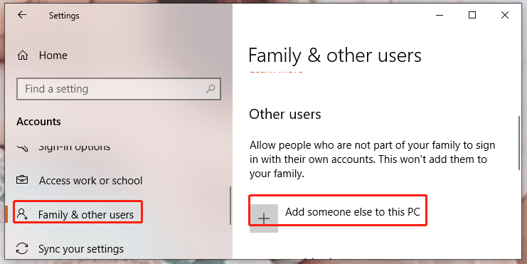 click Add someone else to this PC