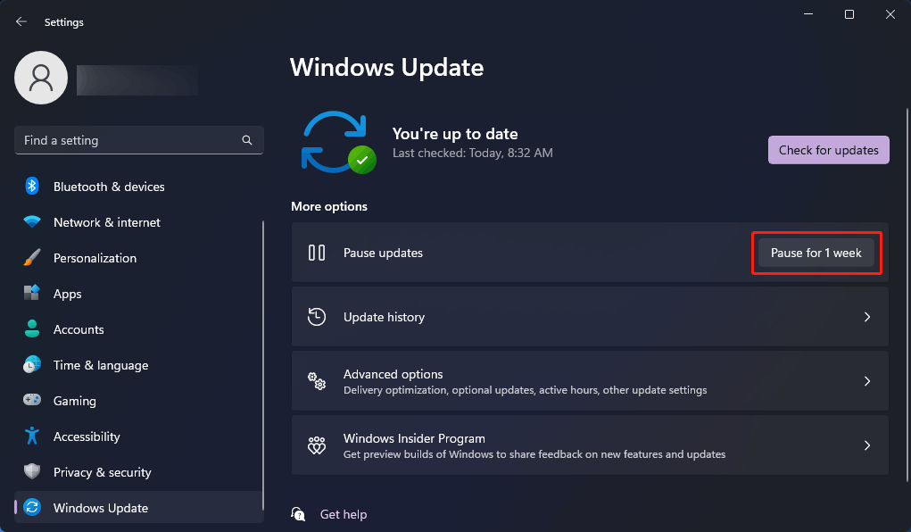 pause Windows 11 updates for 1 week