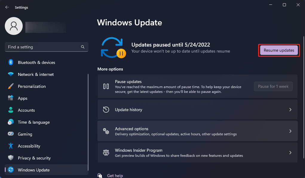 resume updates in Windows 11