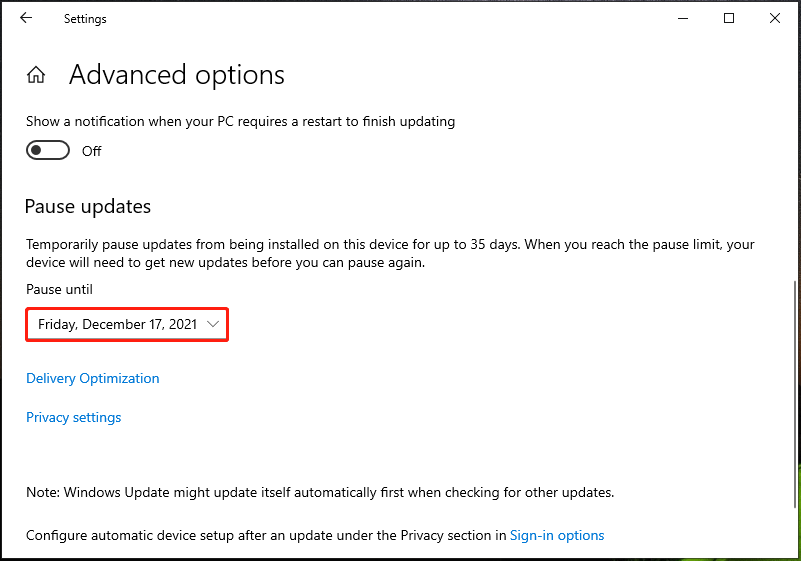 pause Windows 10 updates for up to 35 days