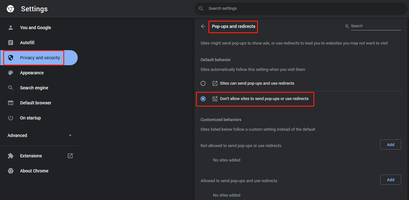 select Don’t allow sites to send pop-ups or use redirects