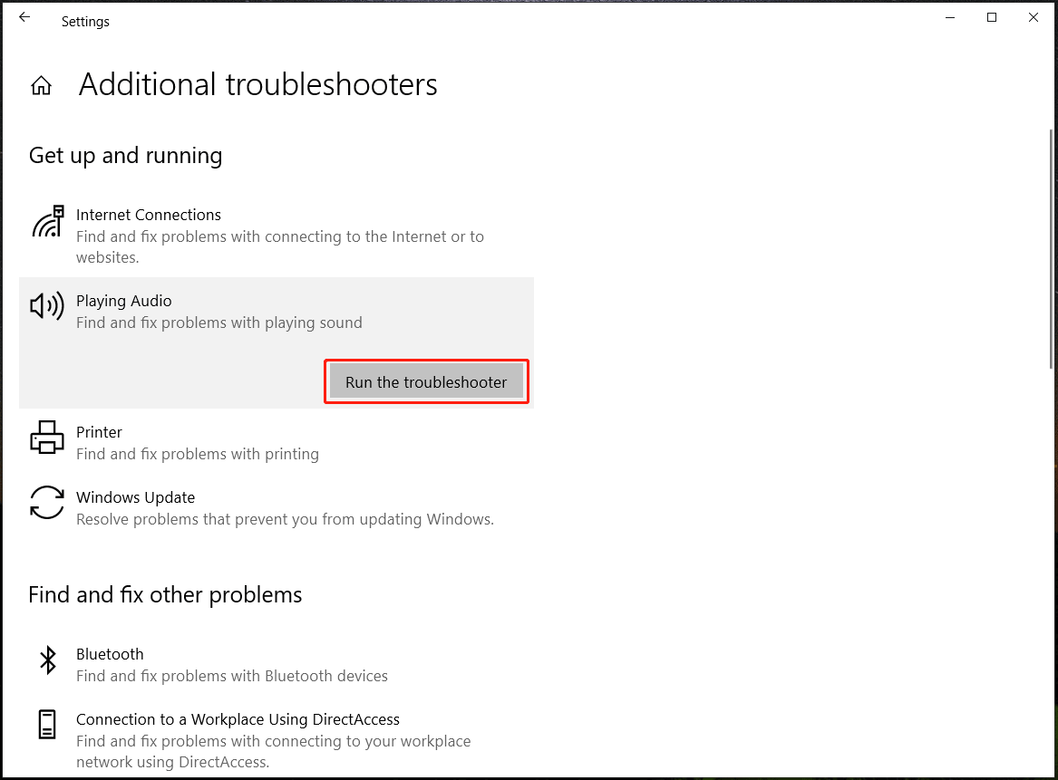 run playing audio troubleshooter