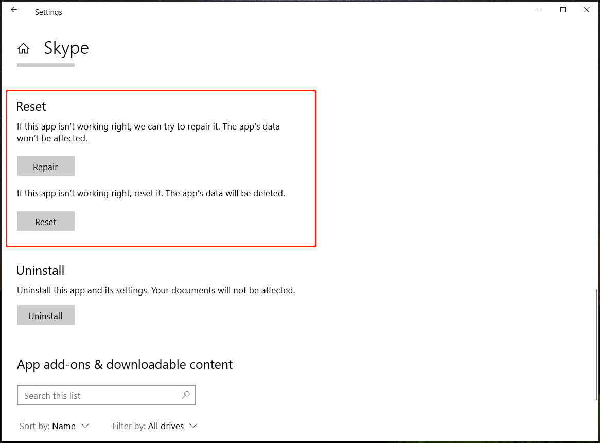 reset or repair Skype