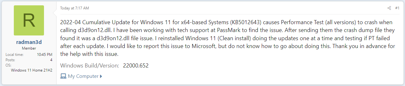 an app crashed after installing Windows 11 KB5012643