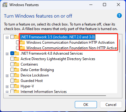 re-enable .NET Framework 3.5 and the Windows Communication Foundation