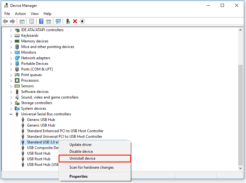 select Uninstall device