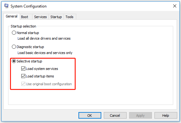 click Selective startup
