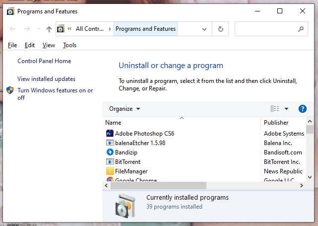 open Programs and Features