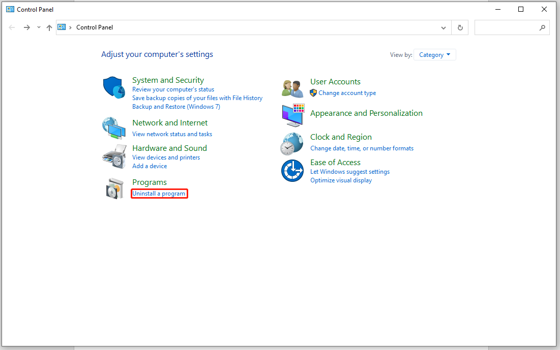 click Uninstall a program