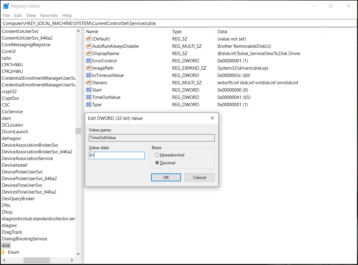 modify TimeOutValue in Registry