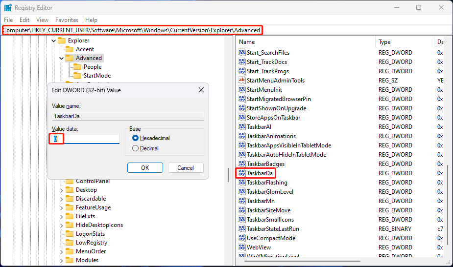 change value data to 0 for TaskbarDa