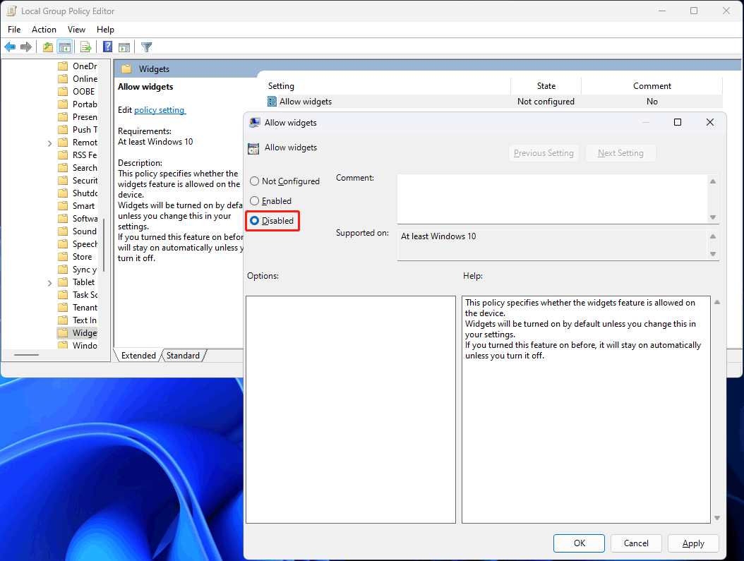 disable Widgets on Windows 11 using Group Policy Editor