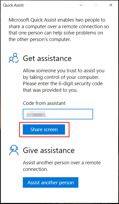 code from assistance in Quick Assist