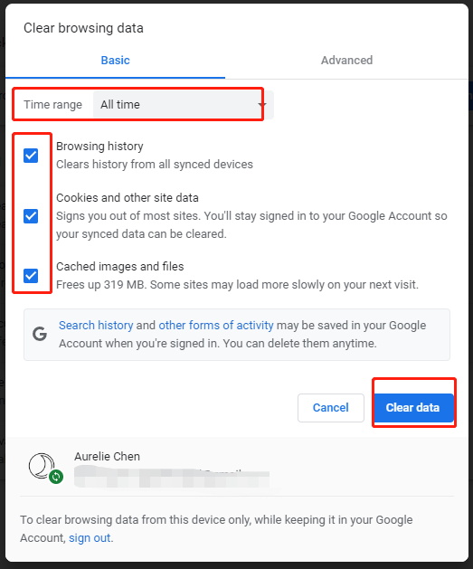 click Clear data on Chrome