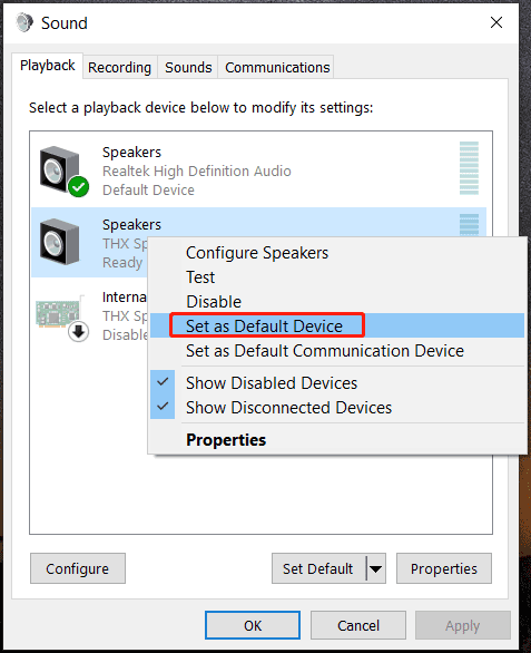 set THX Spatial Audio as default device