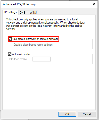 Disable Use default gateway on remote network