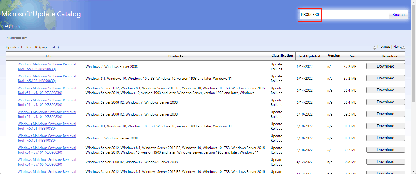 download MSRT from Microsoft Update Catalog