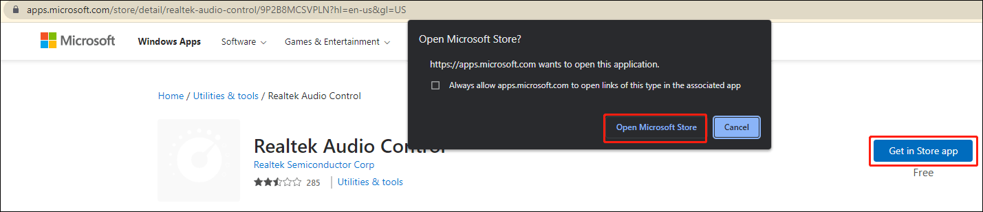 open Realtek Audio Control in Microsoft Store