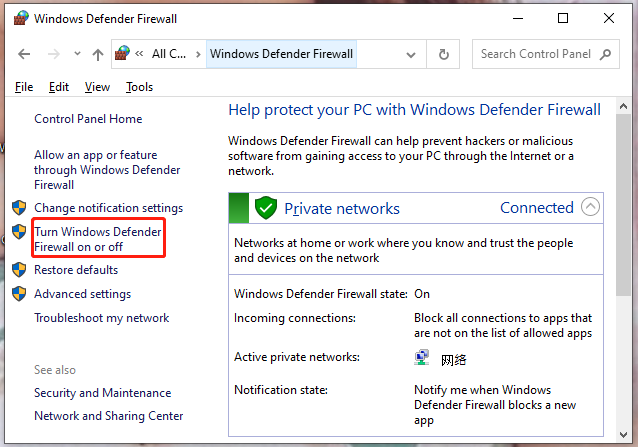 hit Turn Windows Defender Firewall on or off