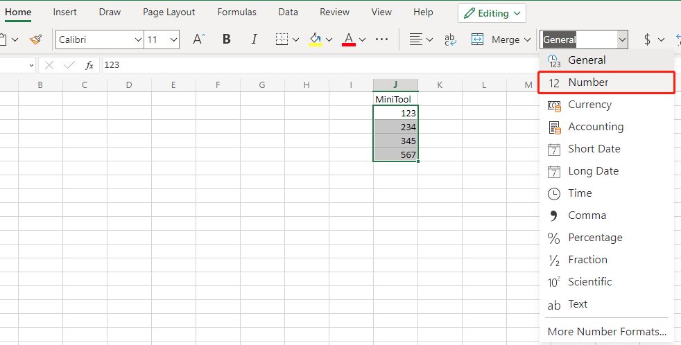 click the Number option