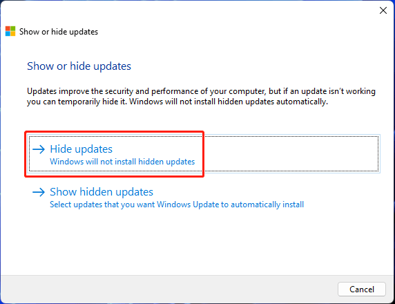 click Hide updates