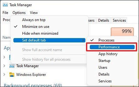 change the default start page of the legacy Task Manager on Windows 11