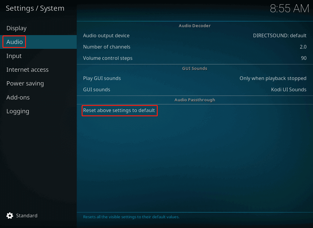 click on Reset above settings to default