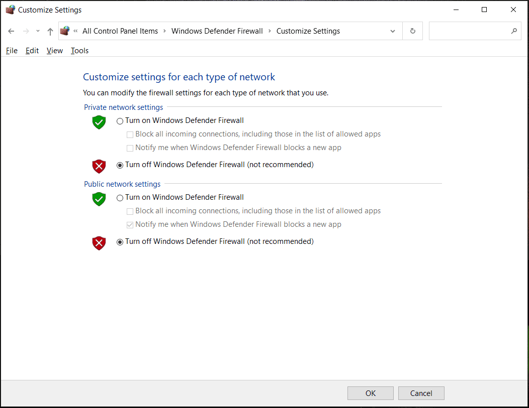 turn off Windows Defender Firewall