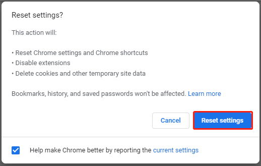 click Reset settings