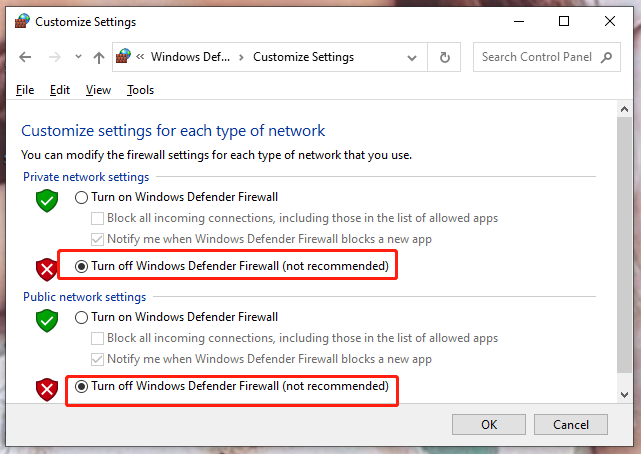 Turn off Windows Defender Firewall