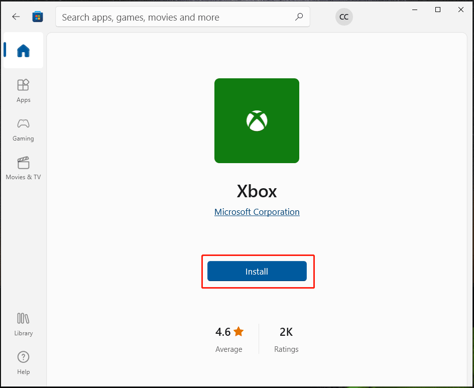 Xbox app download via Microsoft Store