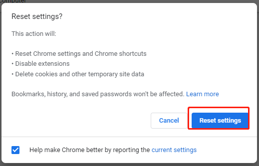 click Reset settings