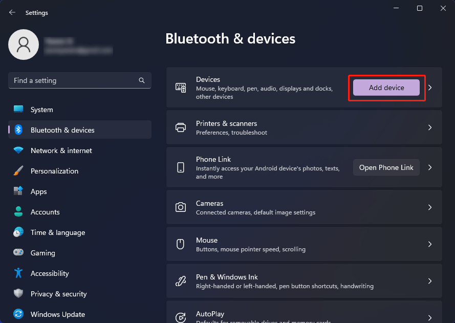 click Add device on Windows 11