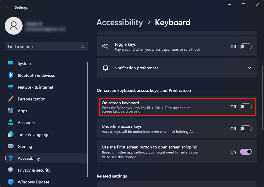 turn on On-Screen Keyboard on Windows 11