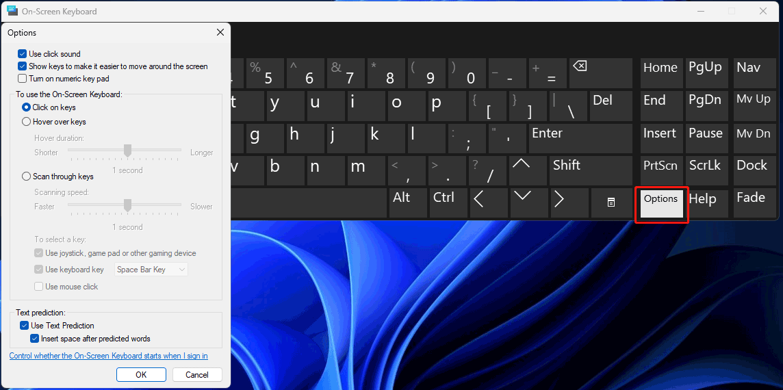 click the Options key