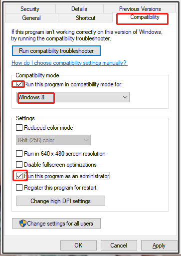 check Run this program in compatibility mode for