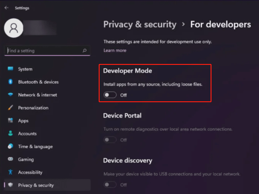turn on Developer Mode on Windows 11
