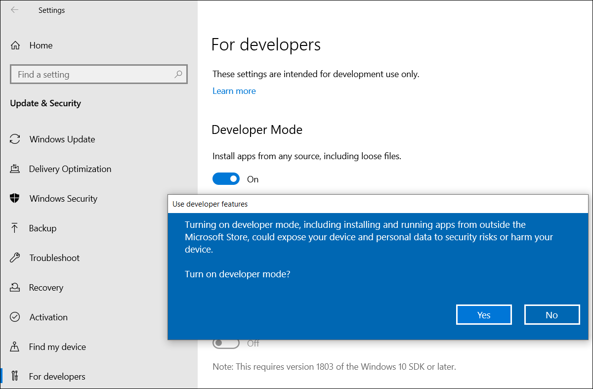 click Yes to turn on developer mode on Windows 10