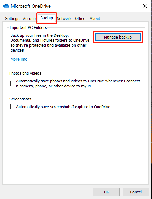 click the Manage backup button