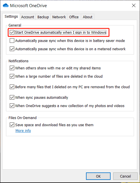 make sure Start OneDrive automatically when I sign in to Windows is selected