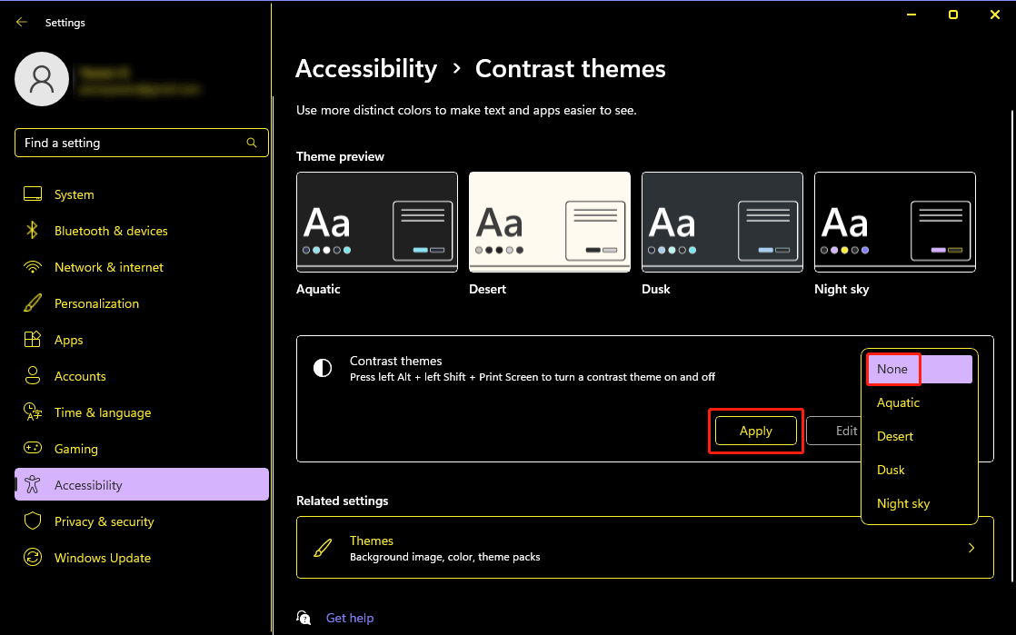turn off high contrast themes