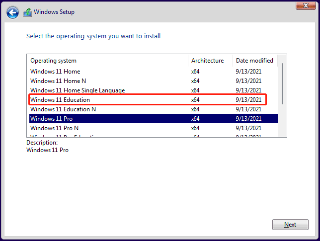 choose Windows 11 Education to install