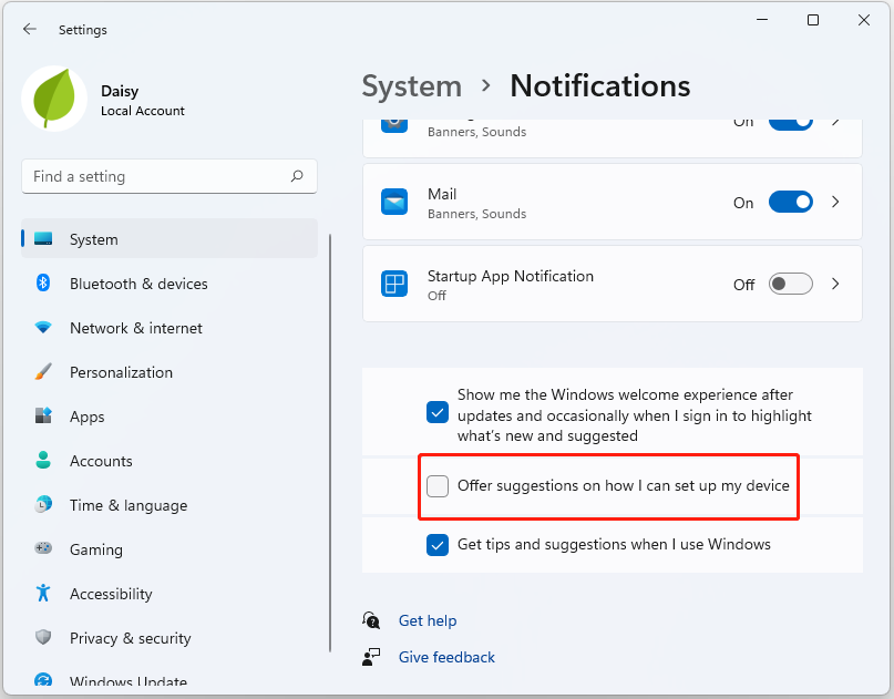 uncheck the Offer suggestions on how I can set up my device option