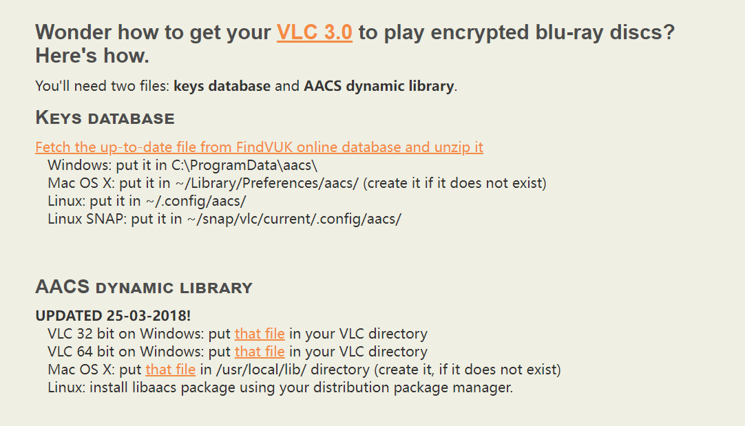 download VLC keys database and AACS dynamic library